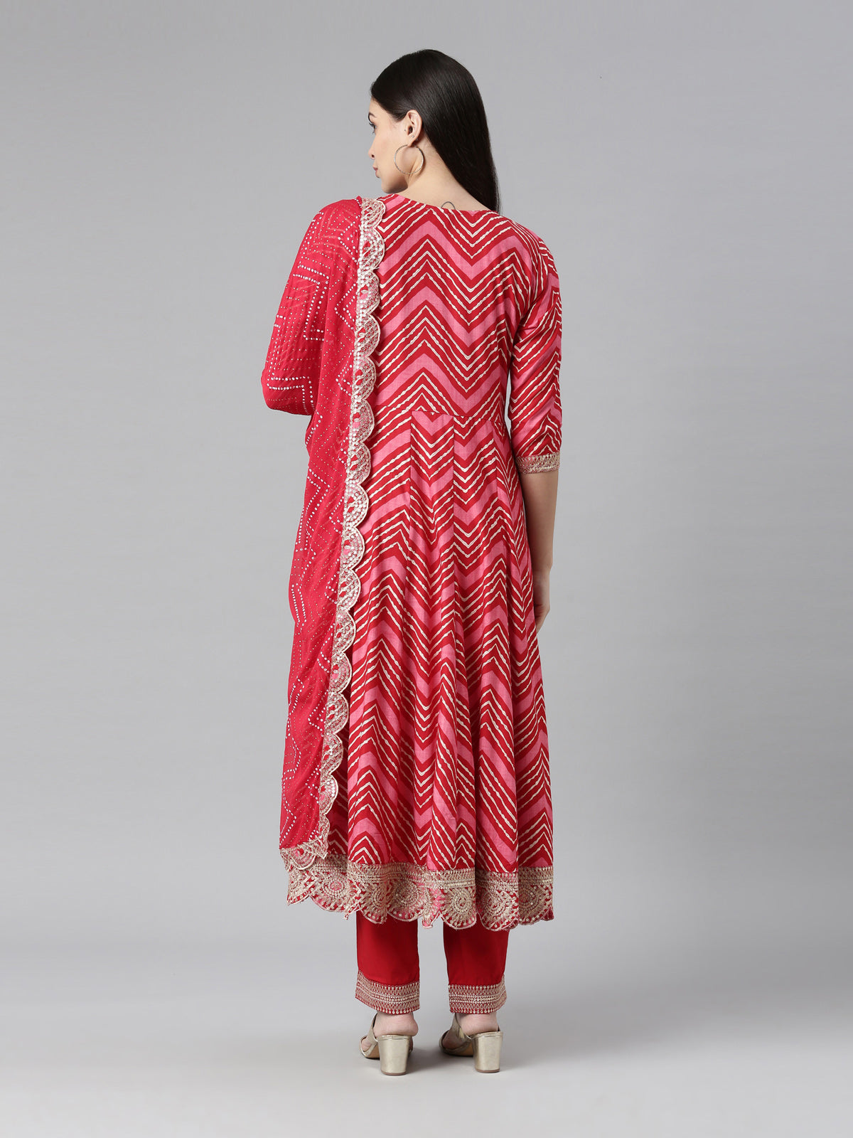 Neerus Women Red Printed Panelled Sequinned Kurta with Trousers  With Dupatta