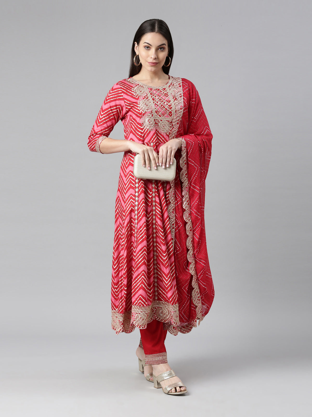 Neerus Women Red Printed Panelled Sequinned Kurta with Trousers  With Dupatta