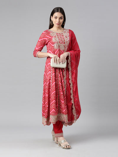 Neerus Women Red Printed Panelled Sequinned Kurta with Trousers  With Dupatta