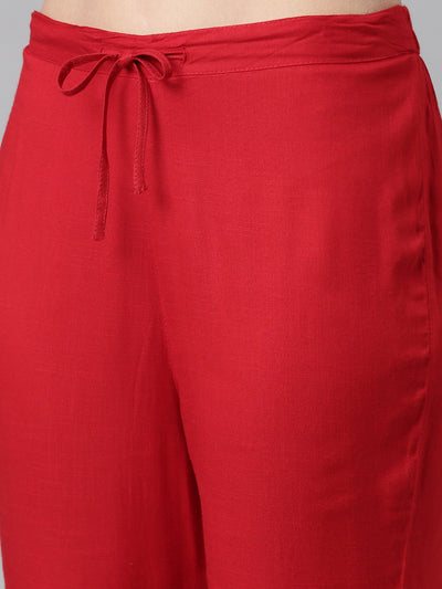 Neerus Women Red Printed Panelled Sequinned Kurta with Trousers  With Dupatta
