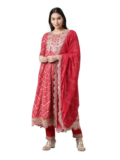 Neerus Women Red Printed Panelled Sequinned Kurta with Trousers  With Dupatta