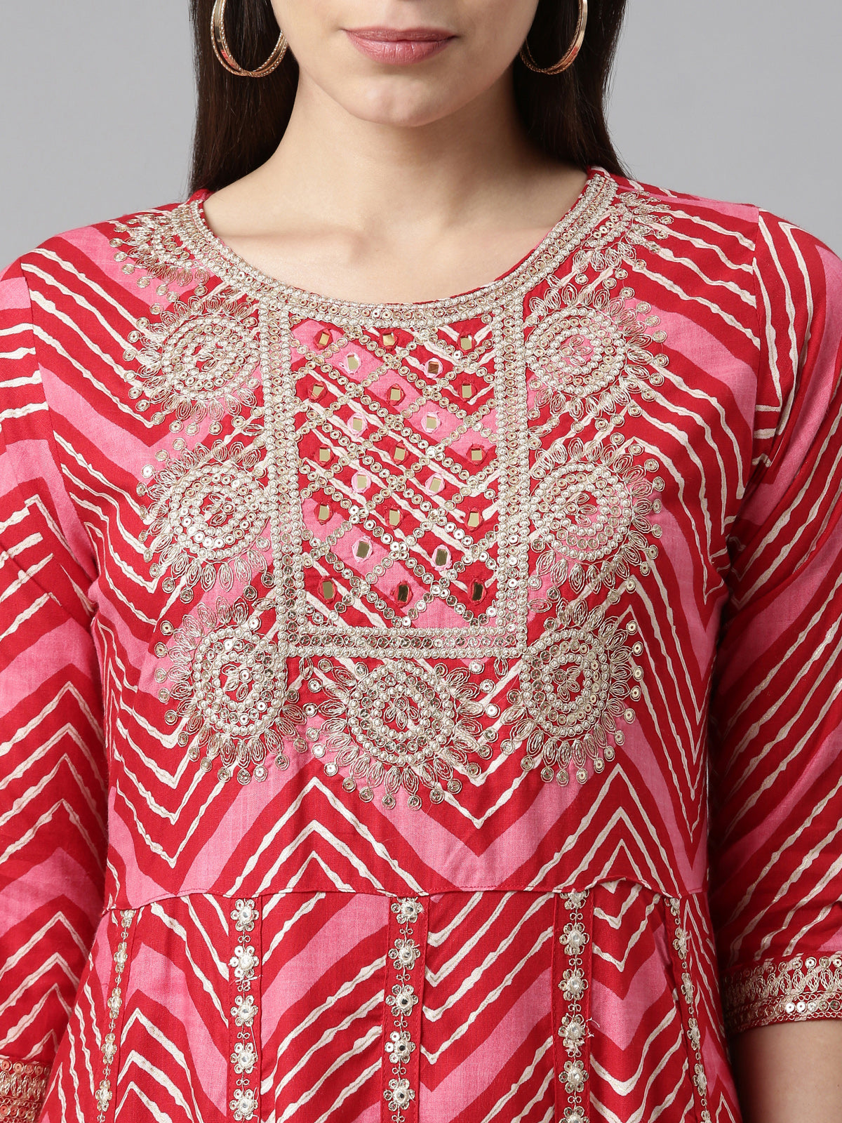 Neerus Women Red Printed Panelled Sequinned Kurta with Trousers  With Dupatta