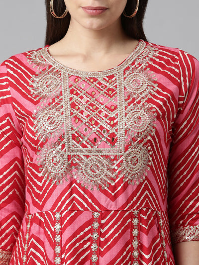 Neerus Women Red Printed Panelled Sequinned Kurta with Trousers  With Dupatta