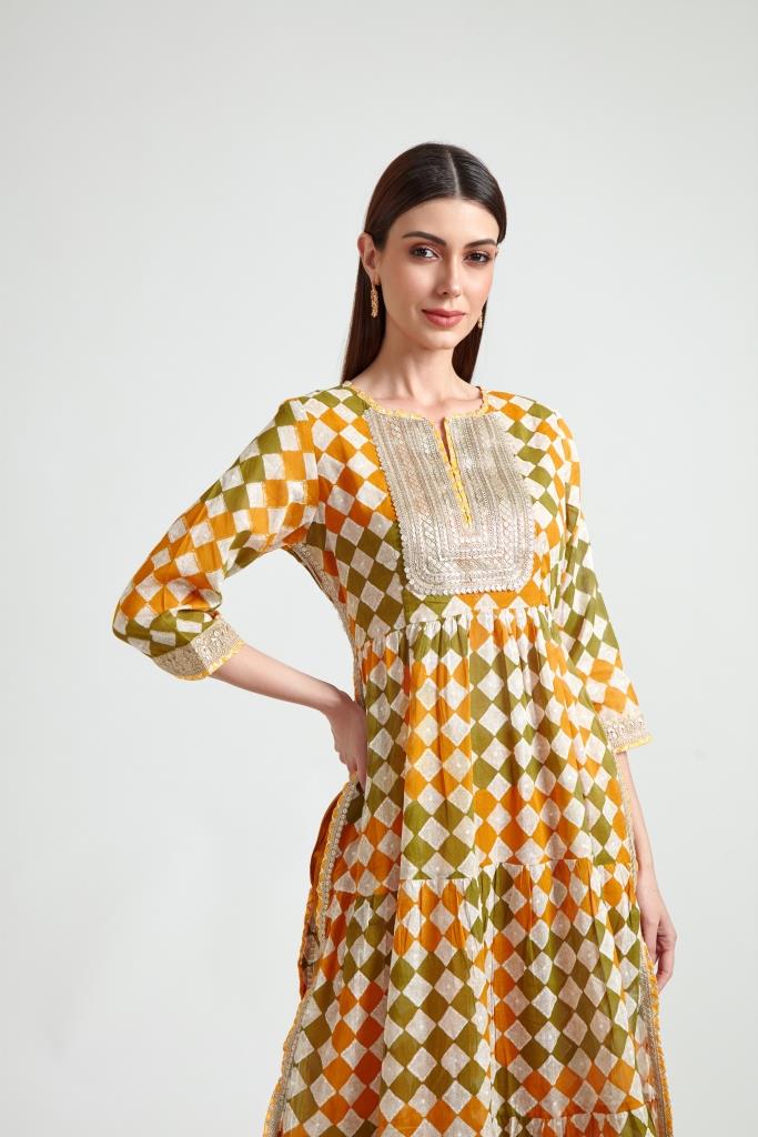 Neerus Women Mustard Printed Kurta with Trousers With Dupatta