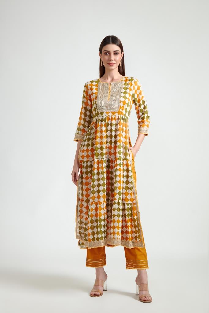 Neerus Women Mustard Printed Kurta with Trousers With Dupatta