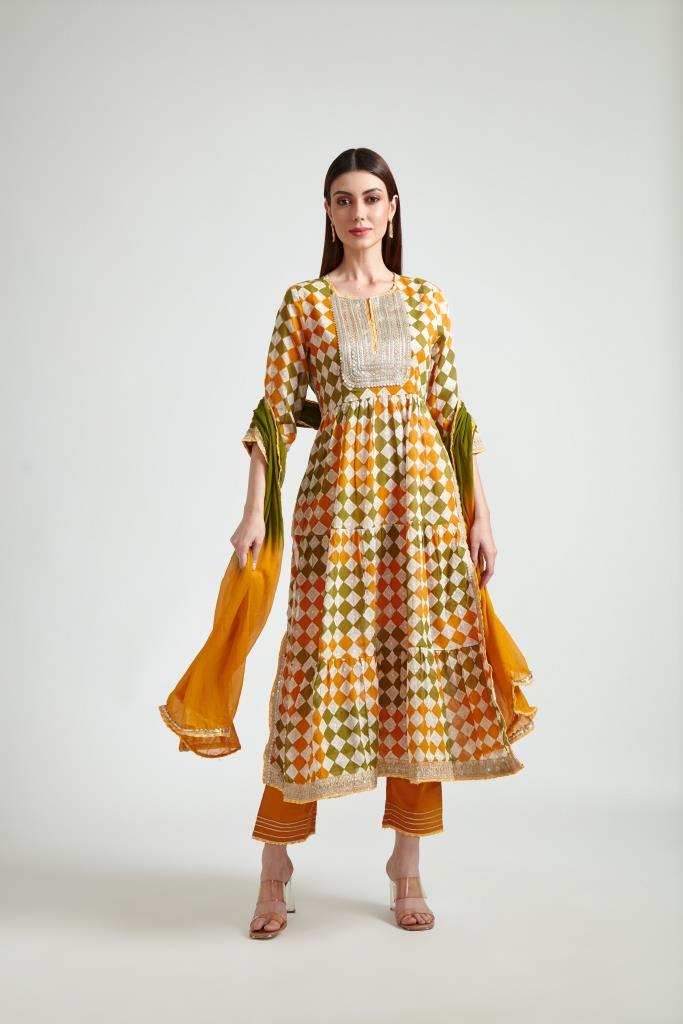 Neerus Women Mustard Printed Kurta with Trousers With Dupatta