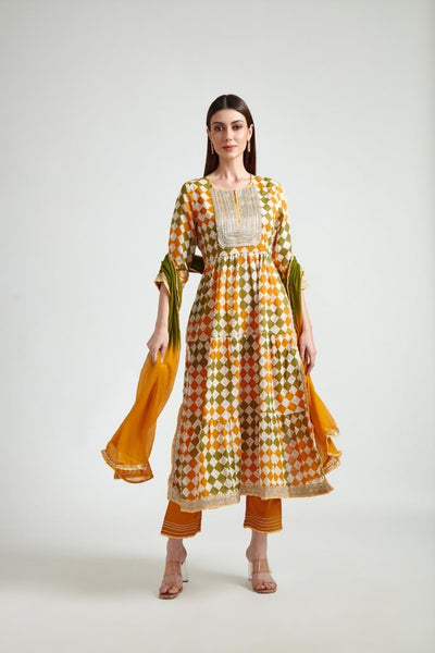 Neerus Women Mustard Printed Kurta with Trousers With Dupatta
