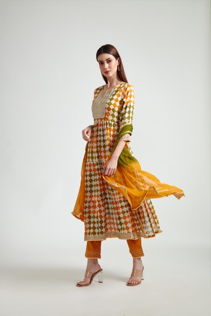 Neerus Women Mustard Printed Kurta with Trousers With Dupatta
