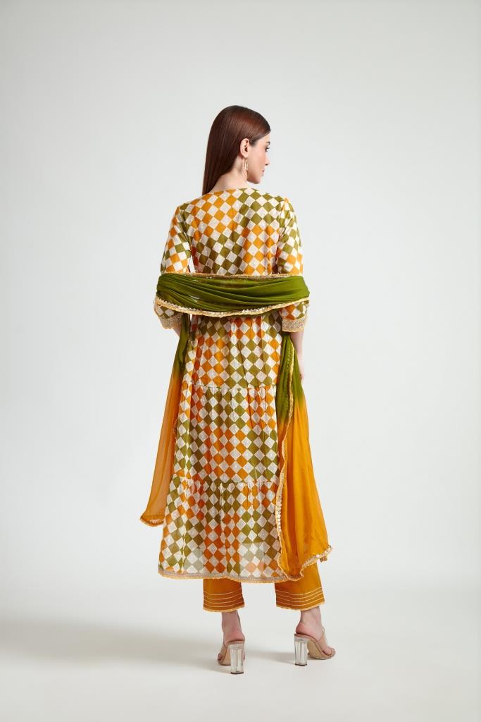 Neerus Women Mustard Printed Kurta with Trousers With Dupatta