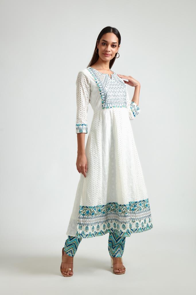 Neerus White floral printed kurta suit set - back view