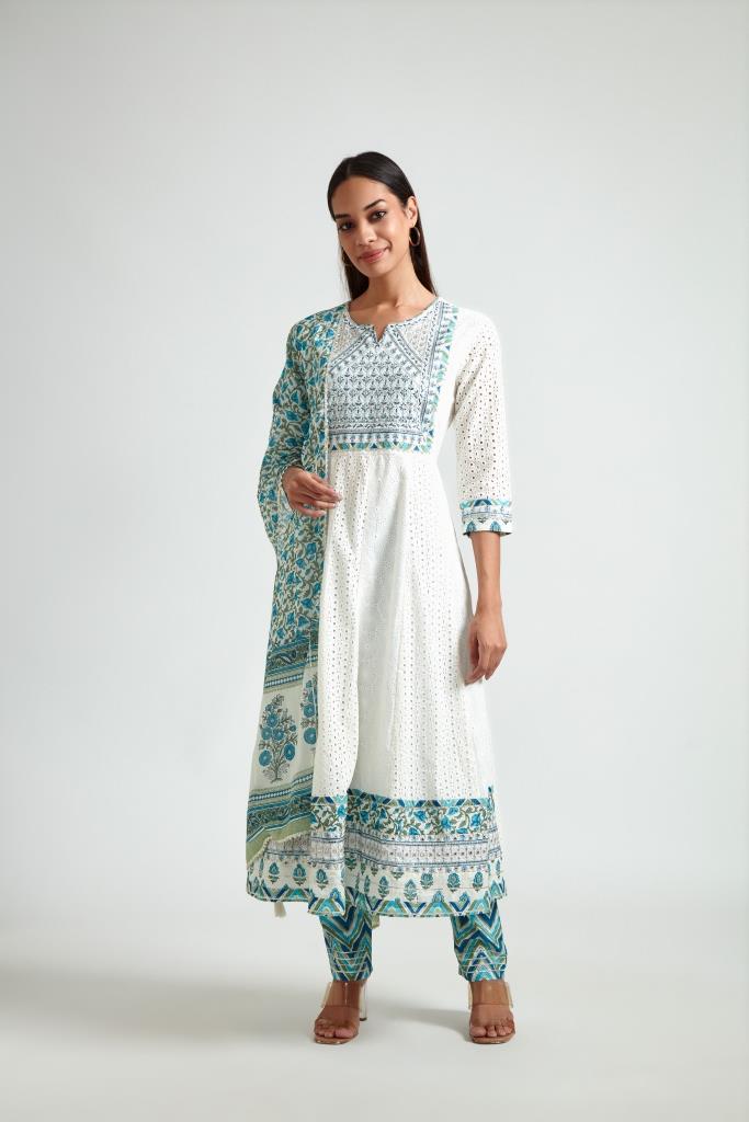 Neerus White floral printed kurta suit set - front view