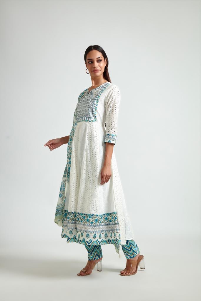 Neerus White floral printed kurta suit set - side view