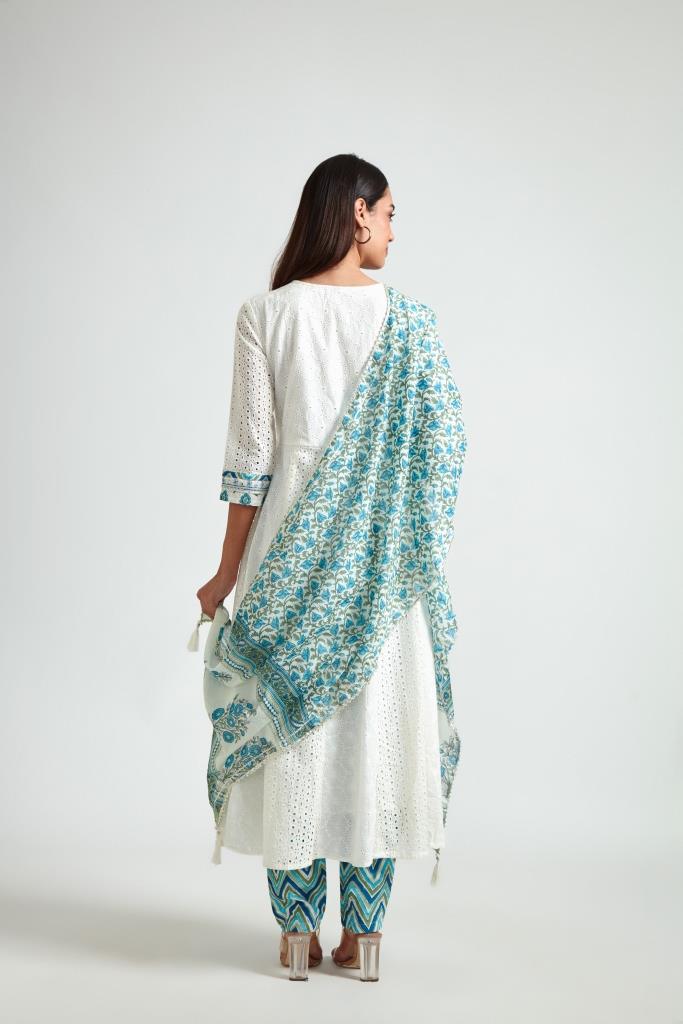 Neerus White floral printed kurta suit set - detail view 1