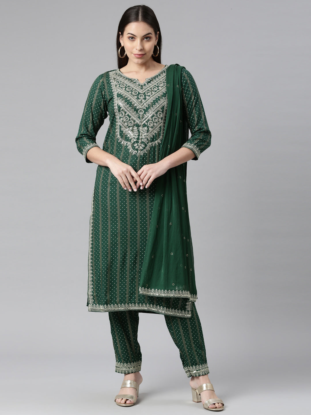 Neerus Green rayon embroidered bandhani suit set - front view