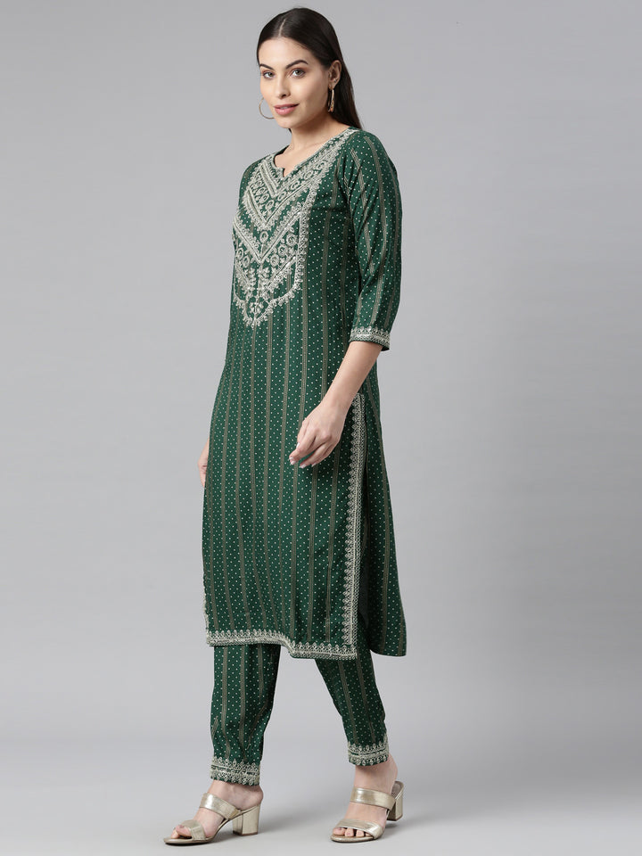 Neerus Green rayon embroidered bandhani suit set - back view