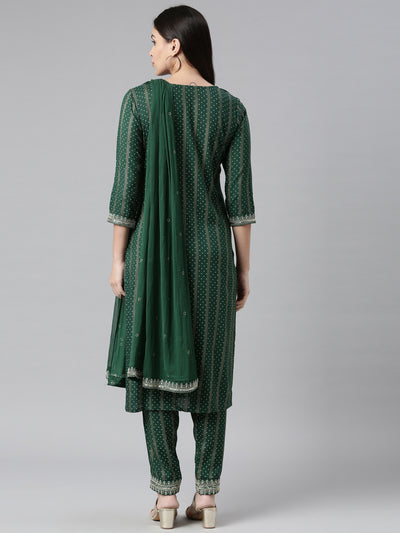 Neerus Women Green  Silver Bandhani Embroidered Kurta with Trousers  With Dupatta