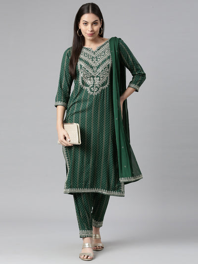 Neerus Women Green  Silver Bandhani Embroidered Kurta with Trousers  With Dupatta