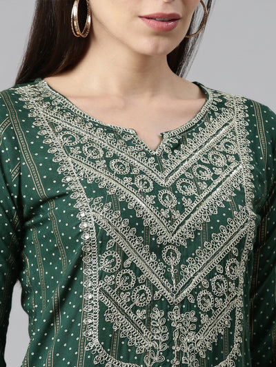 Neerus Women Green  Silver Bandhani Embroidered Kurta with Trousers  With Dupatta