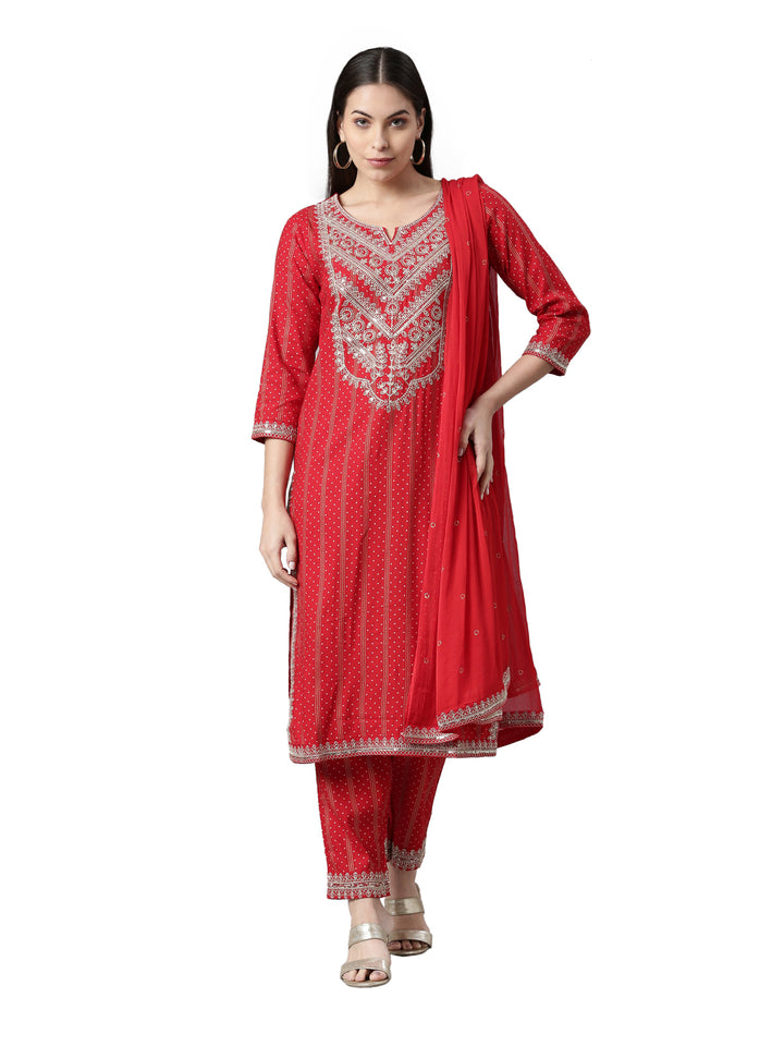 Neerus Red printed floral suit set kurta with trouser and dupatta - front view