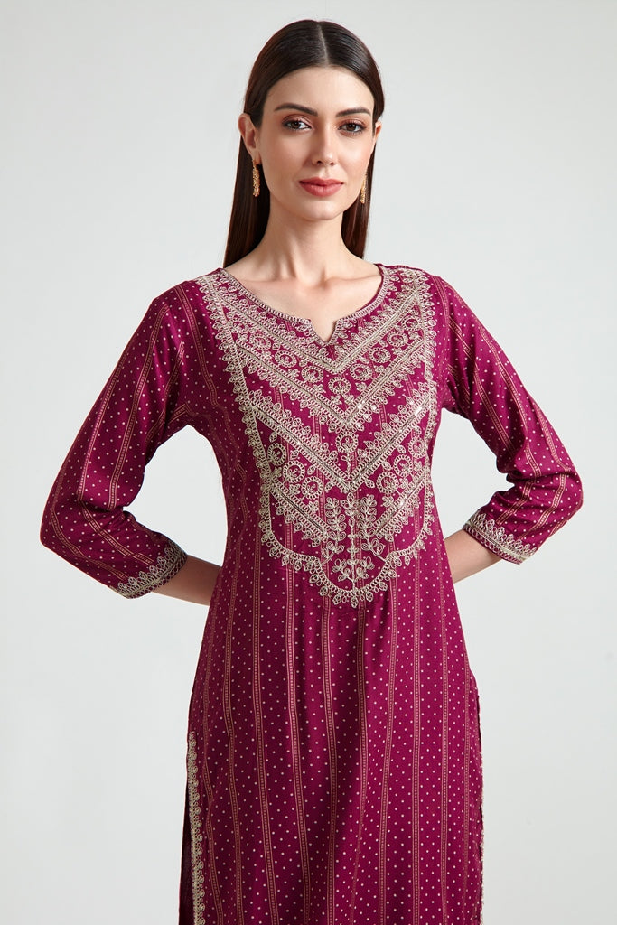 Neerus Women Maroon Bandhani Printed Silk Georgette Readymade suits