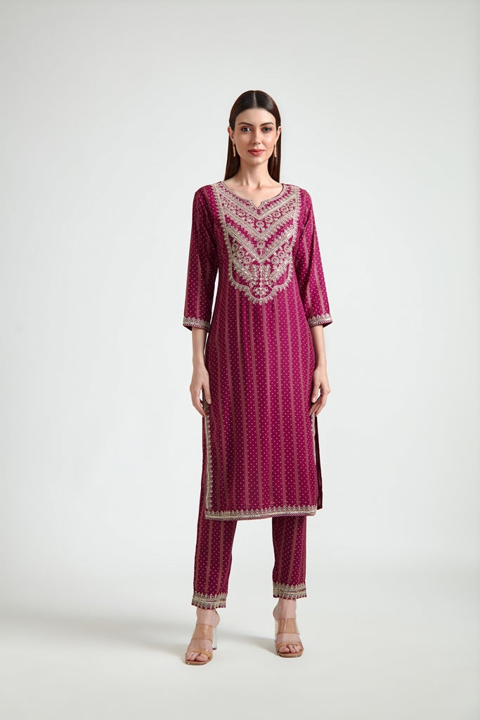 Neerus Maroon Georgette Printed Suit Set - front view