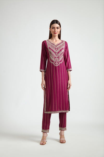 Neerus Women Maroon Bandhani Printed Silk Georgette Readymade suits