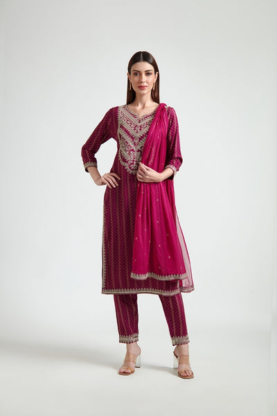 Neerus Women Maroon Bandhani Printed Silk Georgette Readymade suits