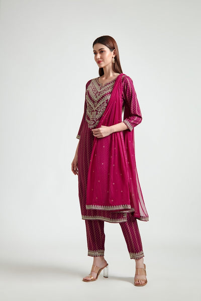 Neerus Women Maroon Bandhani Printed Silk Georgette Readymade suits