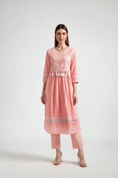 Neerus Women Peach-Coloured Embroidered Pleated Gotta Patti Pure Cotton Kurta with Trousers  With Dupatta
