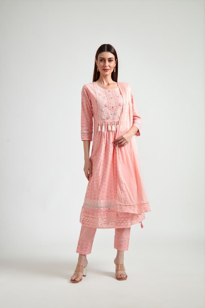 Neerus Women Peach-Coloured Embroidered Pleated Gotta Patti Pure Cotton Kurta with Trousers  With Dupatta