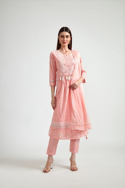 Neerus Women Peach-Coloured Embroidered Pleated Gotta Patti Pure Cotton Kurta with Trousers  With Dupatta