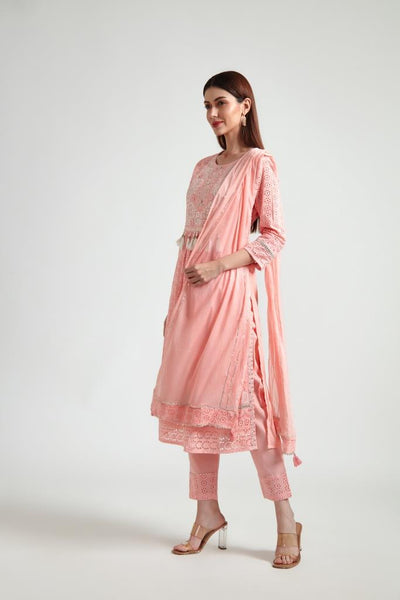 Neerus Women Peach-Coloured Embroidered Pleated Gotta Patti Pure Cotton Kurta with Trousers  With Dupatta