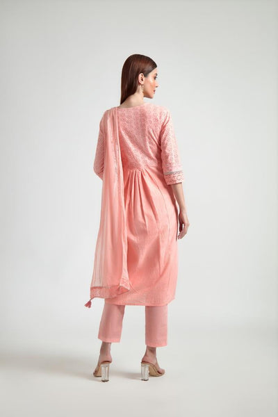 Neerus Women Peach-Coloured Embroidered Pleated Gotta Patti Pure Cotton Kurta with Trousers  With Dupatta