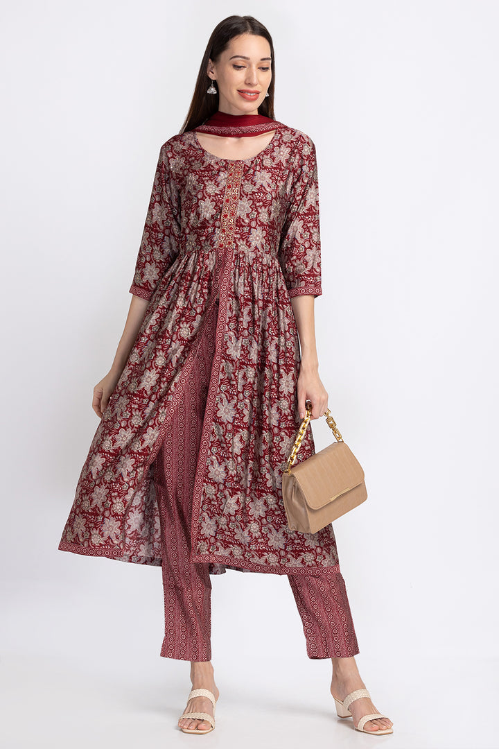 Neerus Embroidered A-Line kurta suit set with trousers and dupatta - front view