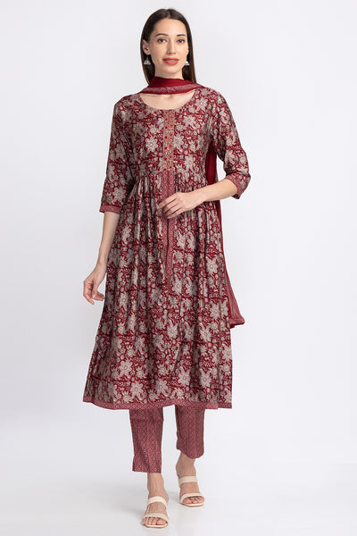 Neerus Embroidered A-Line Kurta with Trousers  With Dupatta