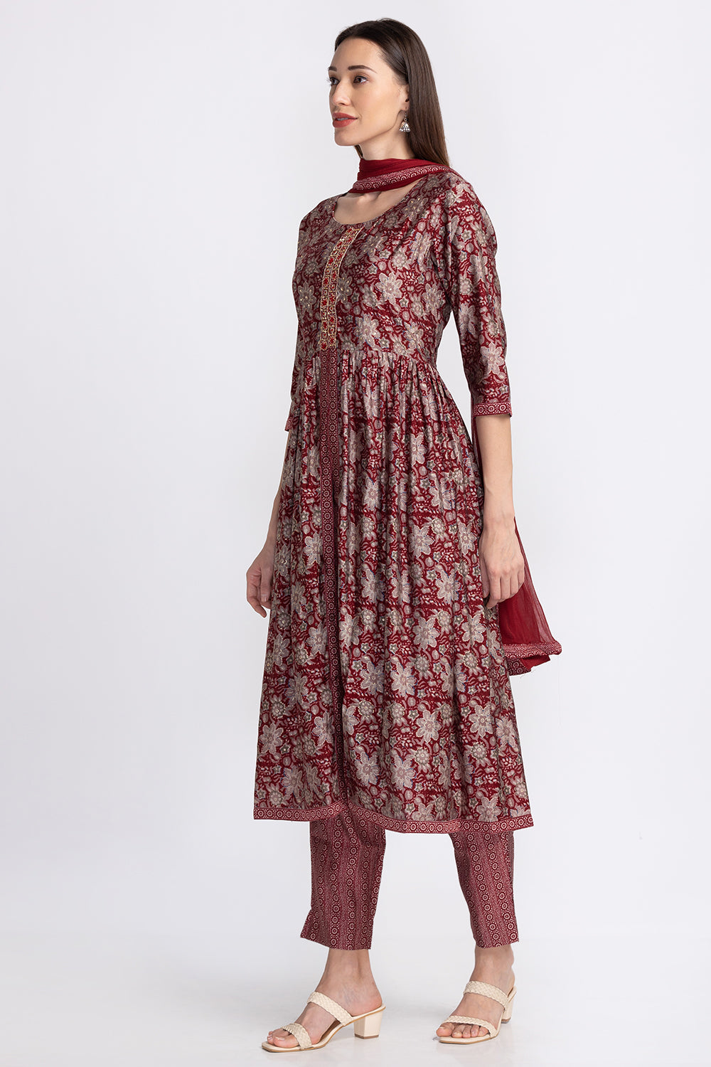 Neerus Embroidered A-Line Kurta with Trousers  With Dupatta