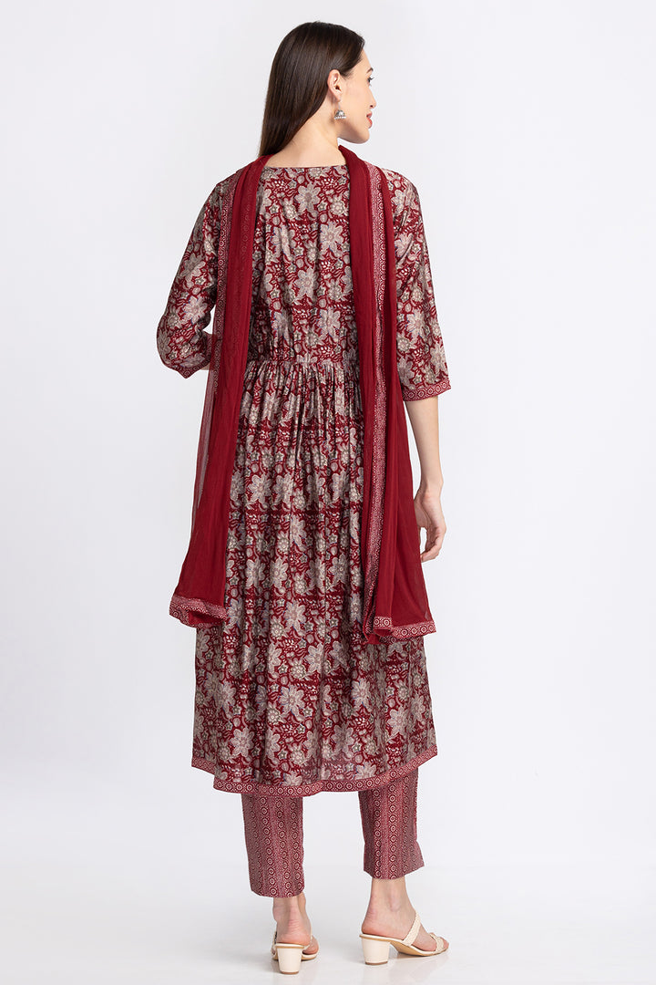 Neerus Embroidered A-Line kurta suit set with trousers and dupatta - detail view 1