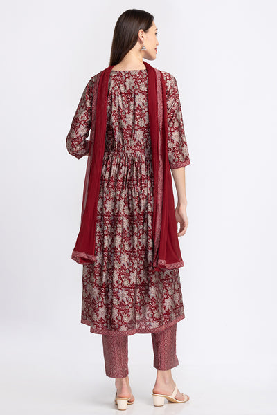 Neerus Embroidered A-Line Kurta with Trousers  With Dupatta