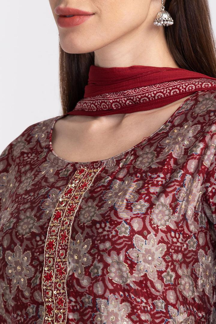 Neerus Embroidered A-Line kurta suit set with trousers and dupatta - detail view 2
