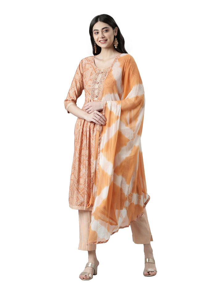 Neerus Multi printed pleated suit set with trousers and dupatta - front view