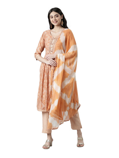 Neerus Women Abstract Printed Pleated Kurta with Trousers & Dupatta