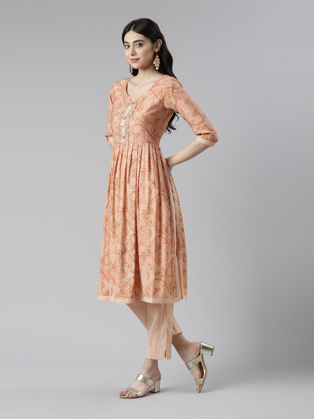 Neerus Multi printed pleated suit set with dupatta - back view