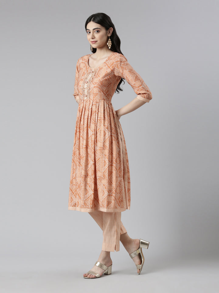 Neerus Multi printed pleated suit set with dupatta - back view