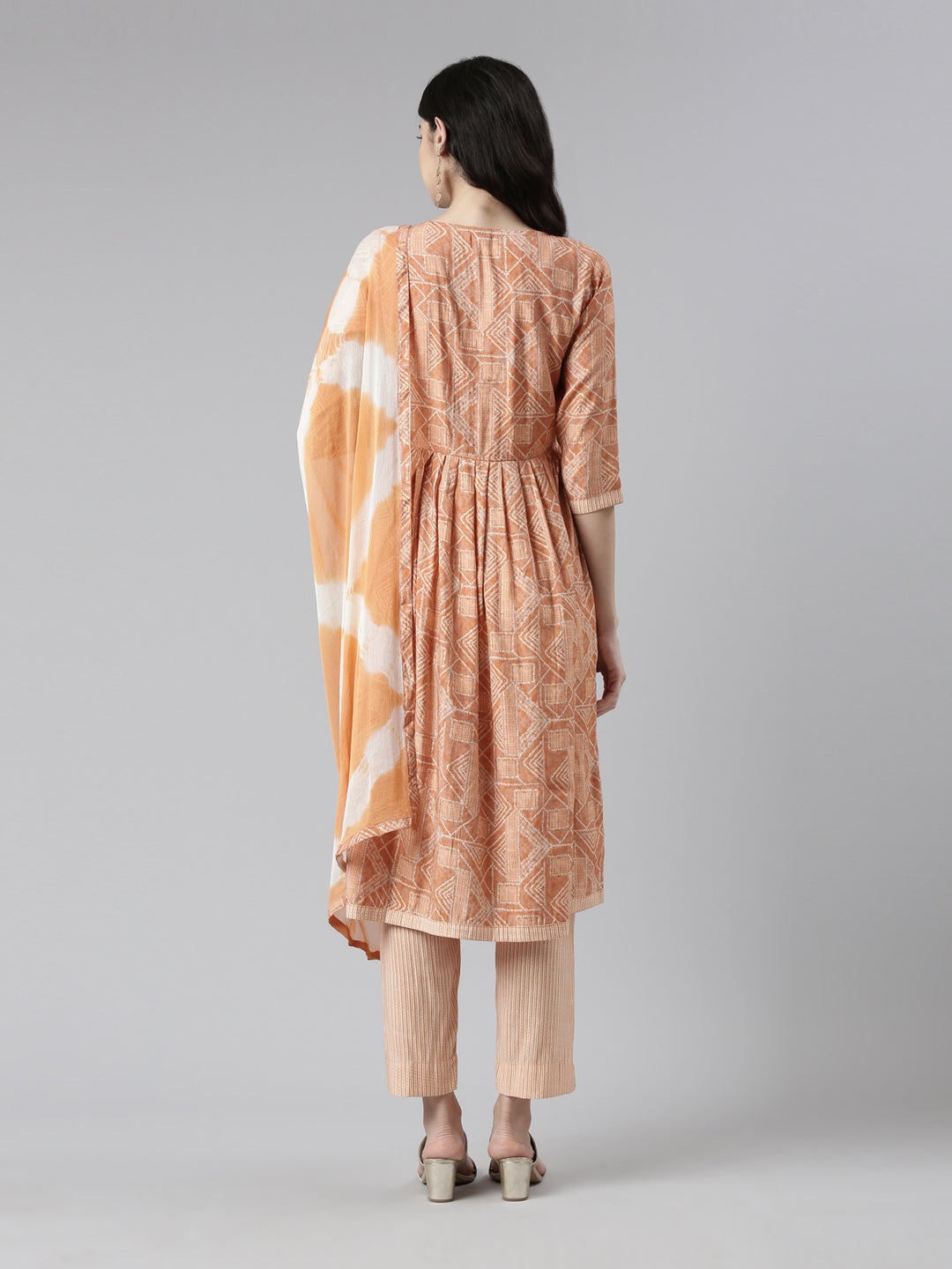 Neerus Multi printed pleated suit set with dupatta - side view