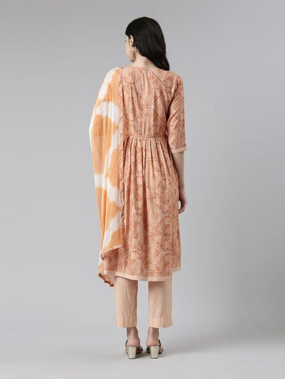 Neerus Women Abstract Printed Pleated Kurta with Trousers Dupatta