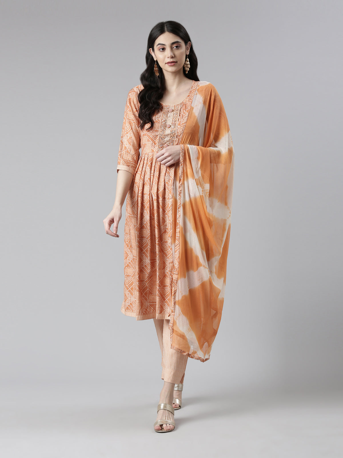 Neerus Women Abstract Printed Pleated Kurta with Trousers Dupatta