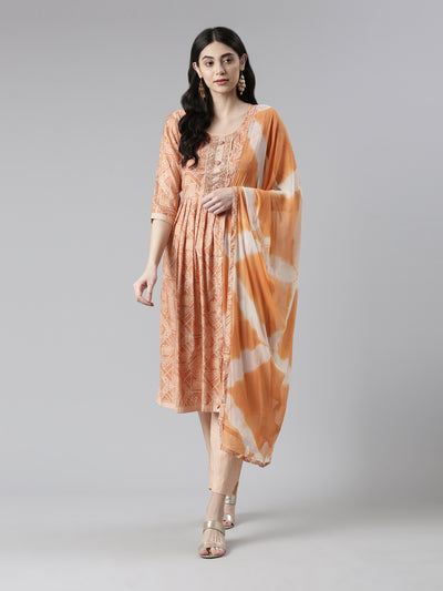 Neerus Women Abstract Printed Pleated Kurta with Trousers Dupatta