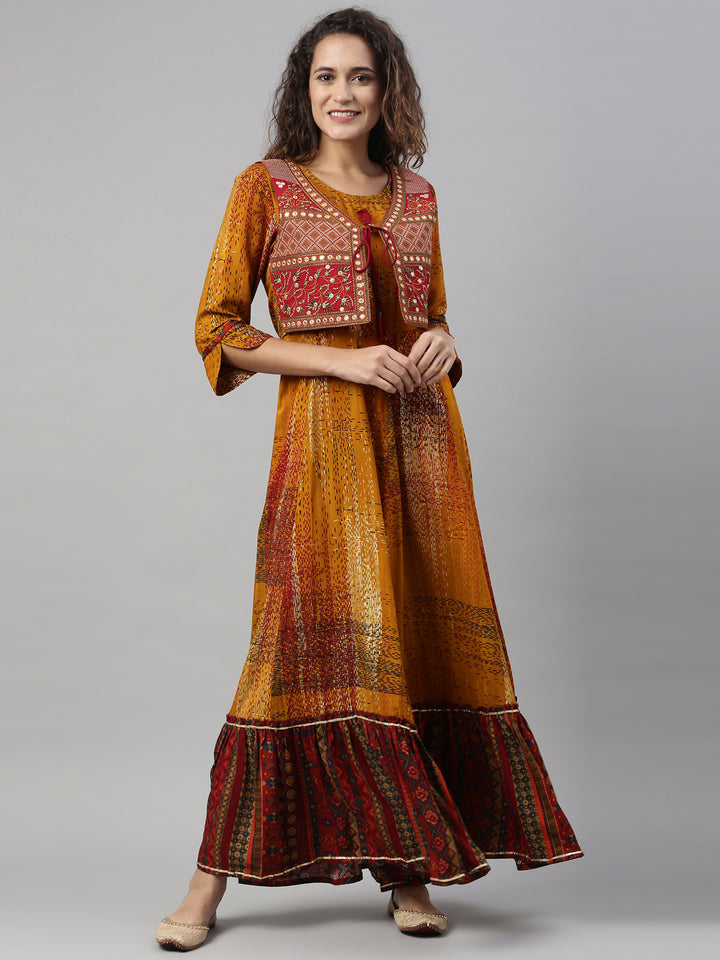 Neerus Yellow printed anarkali kurta - front view