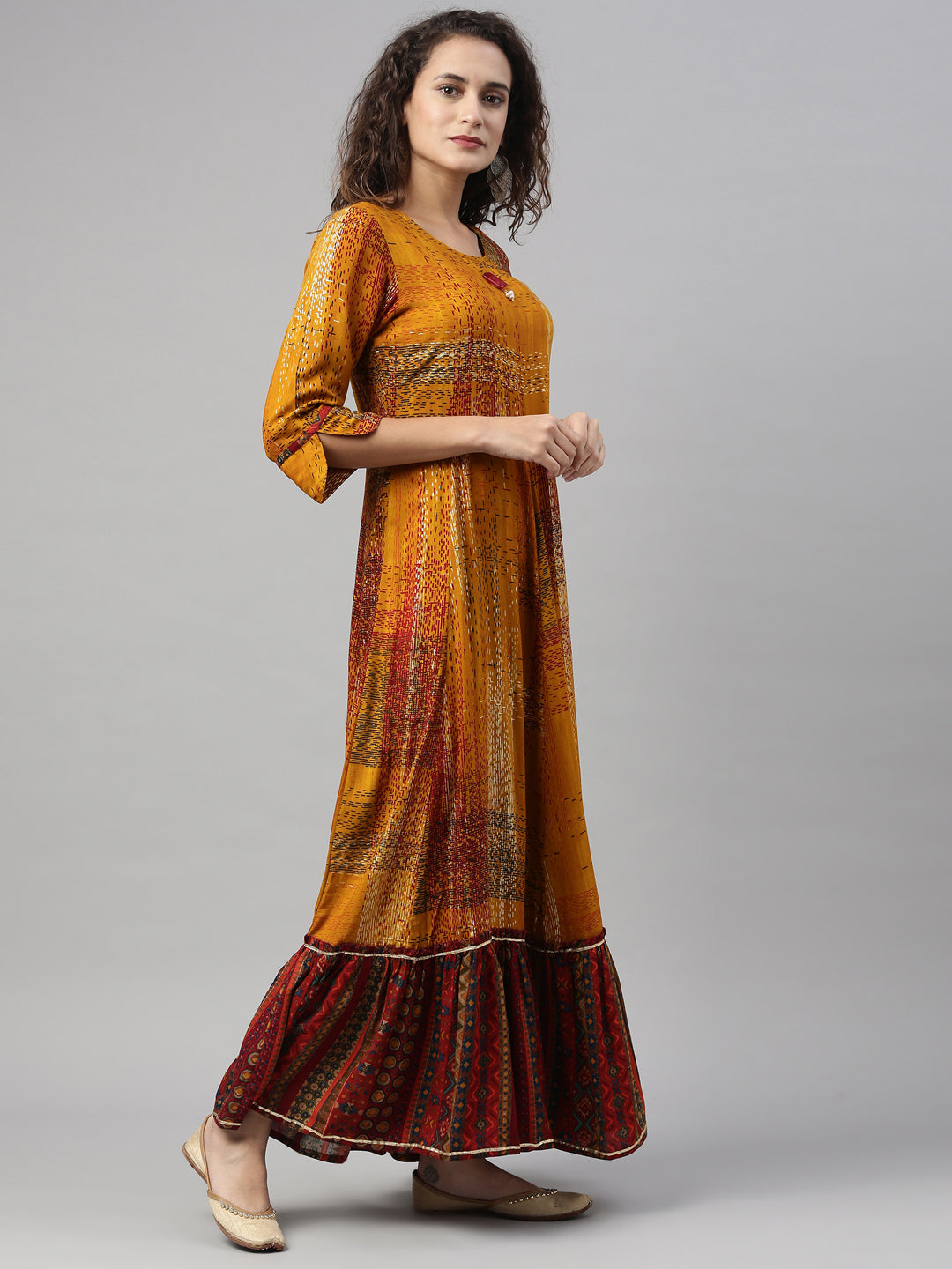Neerus Yellow printed anarkali kurta - back view