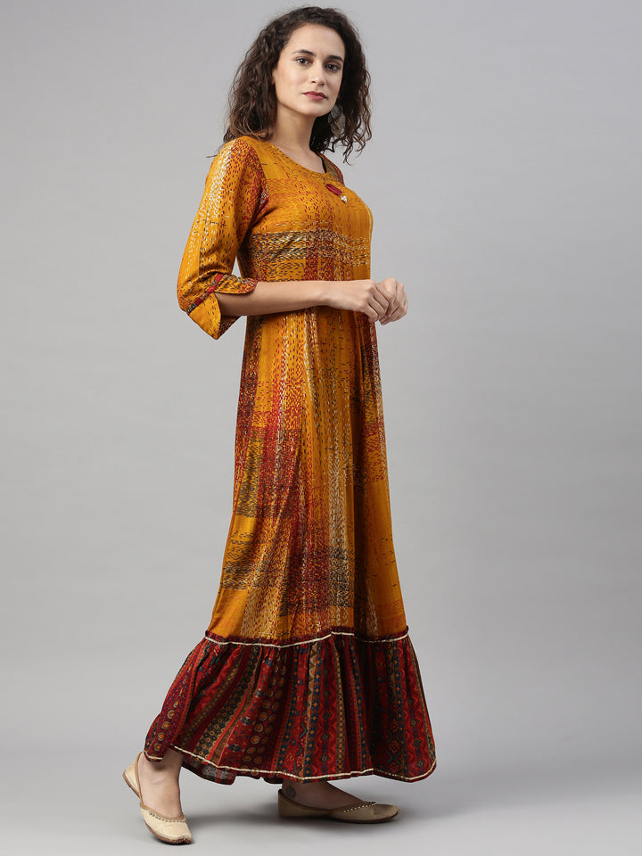 Neerus Yellow printed anarkali kurta - back view